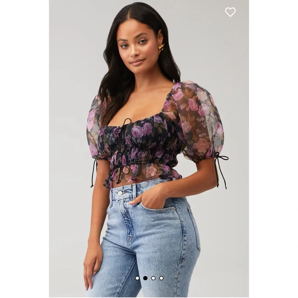 For Love & Lemons Puff Sleeve Floral Top - Black & Pink‎ XS $169